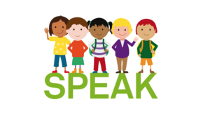 Gezeichnete Kinder über Schriftzug SPEAK